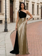 Evening Formal Dress Black Gold Metallic One-Shoulder Maxi Gown