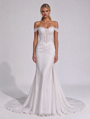 Off-The-Shoulder Scalloped Lace Corset Mermaid Bridal Wedding Dress with Slit