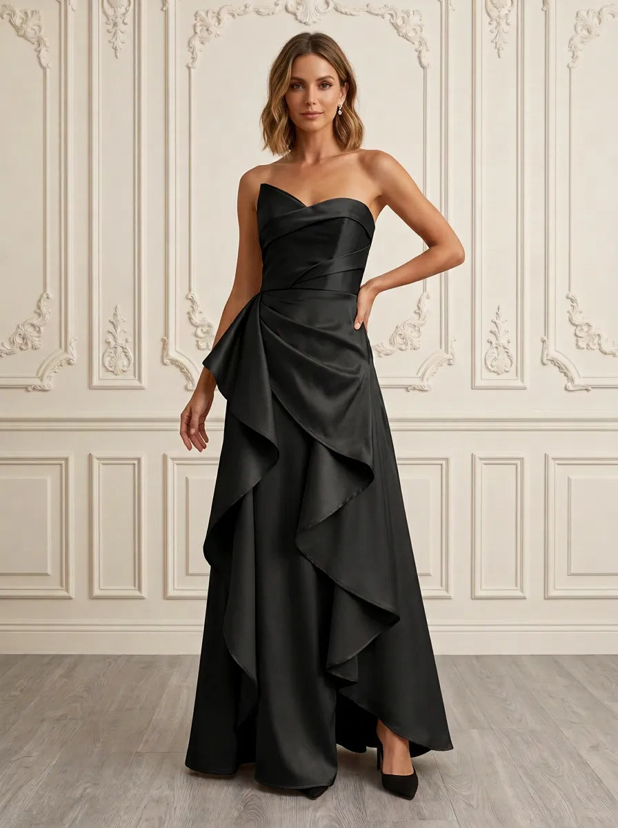 Black Sweetheart Strapless Ruffled Satin Sleeveless Evening Dress
