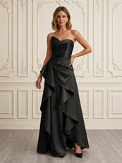 Black Sweetheart Strapless Ruffled Satin Sleeveless Evening Dress