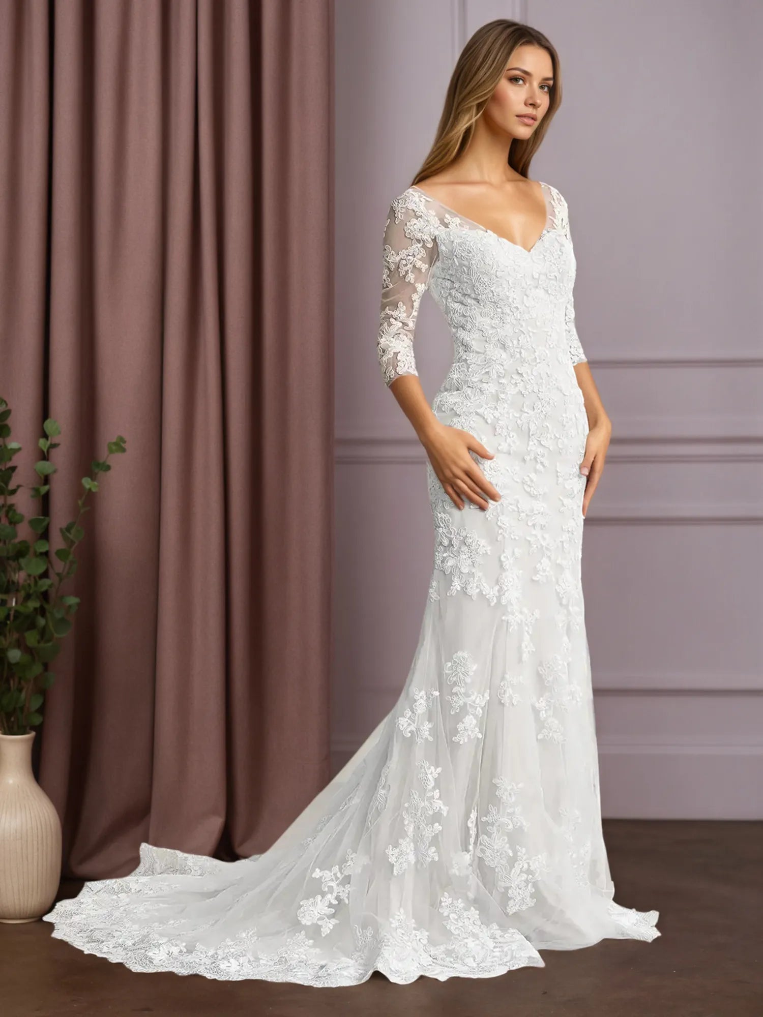 White Mermaid V-Neck Lace Tulle Wedding Dress
