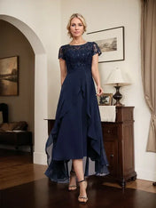 A-line Scoop Illusion Asymmetrical Chiffon Lace Mother of the Bride Dress With Bow Ruffle Sequins