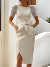 White Bow Short Sleeve Sheath Midi Dress