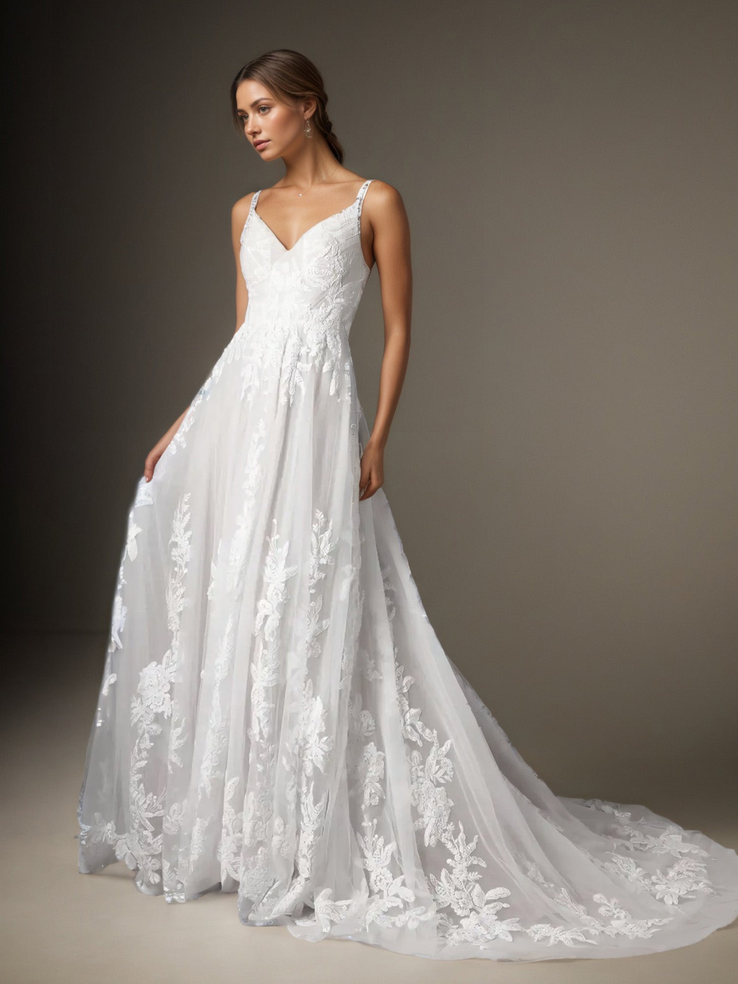 White A-Line V-Neck Sequins Tulle Wedding Dress