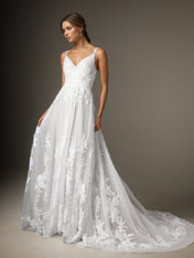 White A-Line V-Neck Sequins Tulle Wedding Dress