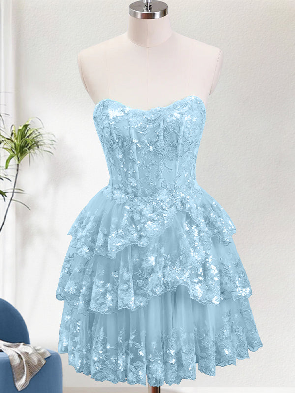 Sparkly Light Blue A Line Corset Tiered Short Homecoming Dress with Lace Up Back