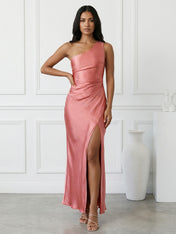 Navy Blue One Shoulder Mermaid Maxi Dress with Slit