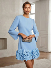 Powder Blue 3D Floral Classic Crew Neck Bell Long Sleeve Shift Mini Dress