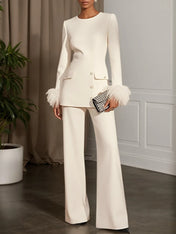 Women White Buckle Feather-trimmed Crew Neck Long Sleeve Dressy Top With Pants Two-Piece Set