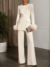 Women White Buckle Feather-trimmed Crew Neck Long Sleeve Dressy Top With Pants Two-Piece Set