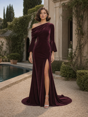 Burgundy Velvet One-Shoulder Draped Long Sleeve High Slit Floor-Length Gown Dress