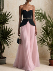 Women Pink Pleated Strapless Sleeveless Dressy Top With Skirt Two-Piece Set