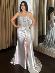 Green Mermaid Spaghetti Straps Bodice Long Prom Dress with Beads