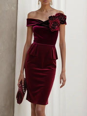 Wine Red 3D Floral Peplum Velvet Off The Shoulder Short Sleeve Sheath Midi Dress
