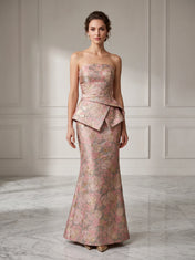 Strapless Brocade Peplum Mermaid Column Evening Dress