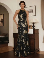 Trumpet/Mermaid Halter Neck Sleeveless Floor-Length Satin Mother of the Bride Dress With Gold Floral Jacquard
