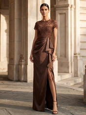 Chocolate Brown Lace Satin Maxi Dress Slit Evening Gown