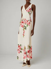 Pink Cross Floral Wrap Dress V Neck Sleeveless Mermaid Gown Dress