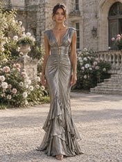 Deep V-Neck Metallic Tiered Ruffle Mermaid Evening Dress
