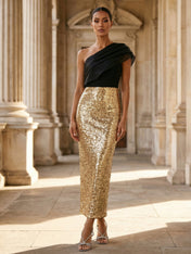 Black and Gold One Shoulder Ruched Sequin Maxi Evening Dress