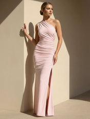 One Shoulder Pleat Maxi Dresses with Train Mermaid Satin Formal Dress