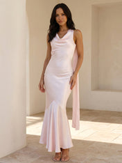 Pink V Neck Maxi Dresses with Pleat Mermaid Scarf Evening Dress