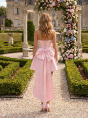 Architectural Blush Pink Strapless High-Low Satin Homecoming Mini Dress