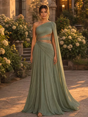 Sage Green One-Shoulder Cape Chiffon Cut-Out Evening Dress