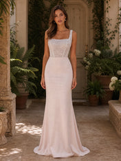 White Beaded Square Neckline Column Wedding Dress with Back Bow