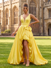 V-Neck Beaded High-Low Satin Prom Dress with Oversized Front Bow