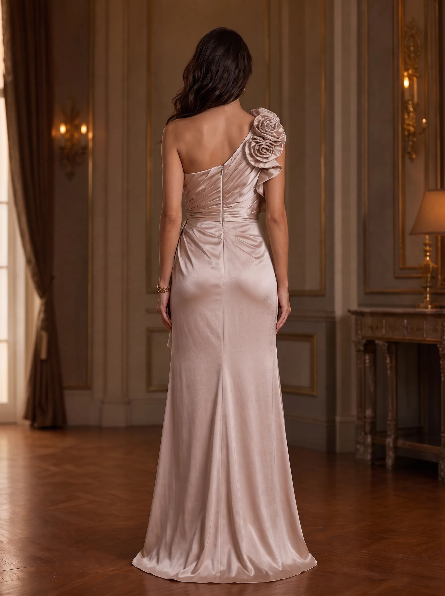 Elegant One-Shoulder Satin Evening Dress with Rosette Detail and Slit