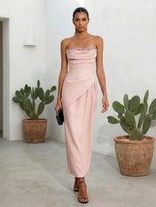 Pink Strapless Maxi Dresses Mermaid Tea Length Evening Dress