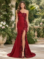 One-Shoulder 3D Floral Applique Satin Mermaid Prom Dress with High Front Slit and Lace-Up Back