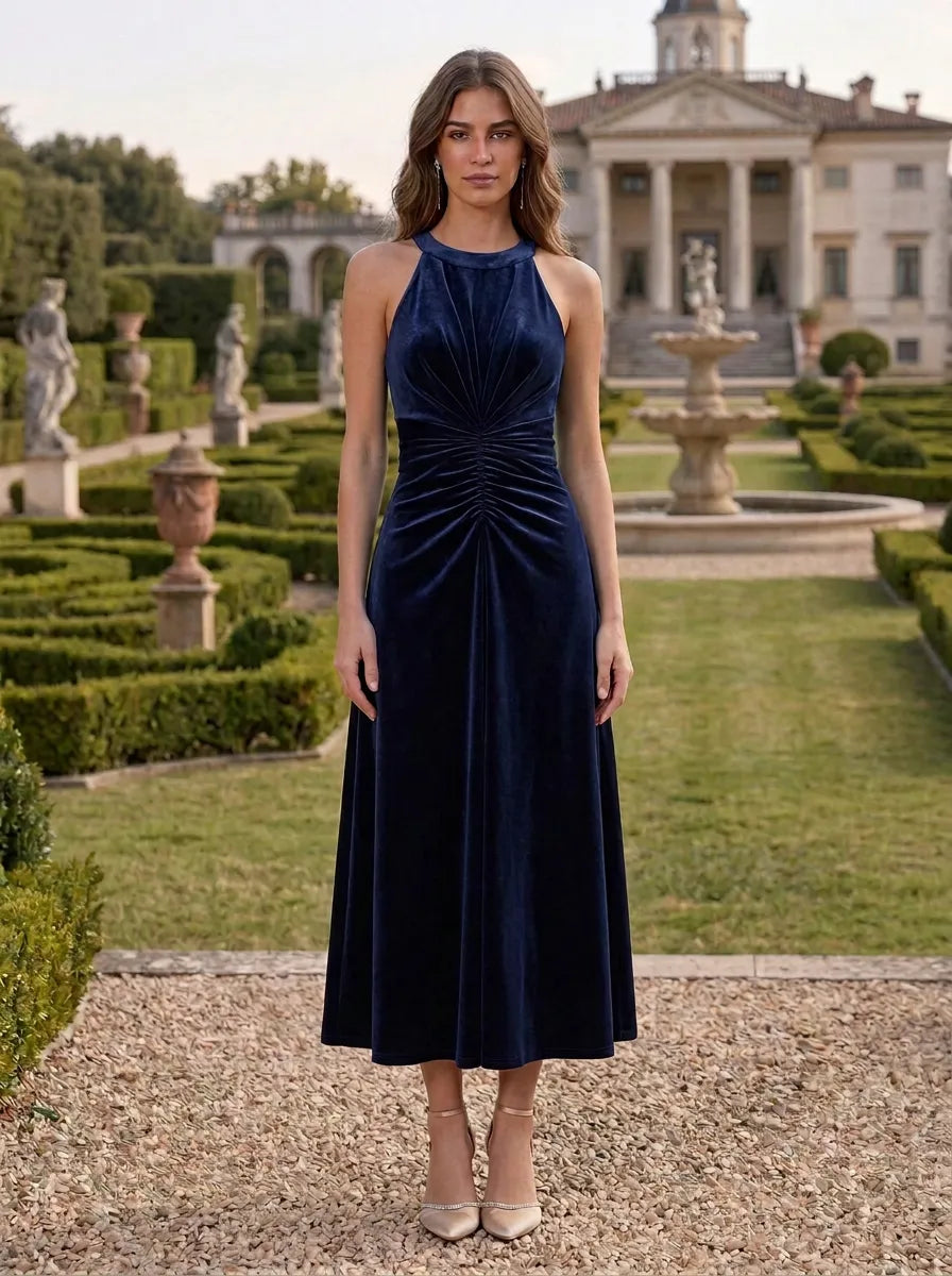 Navy Blue Halter Neck Velvet and Flowing A-Line Evening Dress