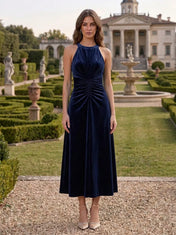 Navy Blue Halter Neck Velvet and Flowing A-Line Evening Dress
