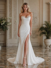 White Strapless Beaded Sweetheart Ruched Column Wedding Dress