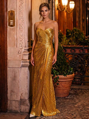 Elegant Metallic Gold Strapless Sweetheart Pleated Sheath Evening Dress with Draped Detail and Short Train