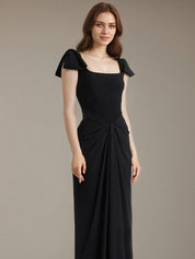 Black Stretch Crepe Square Neck Floor Length Dress with Bow Sleeves