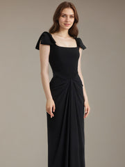 Black Stretch Crepe Square Neck Floor Length Dress with Bow Sleeves