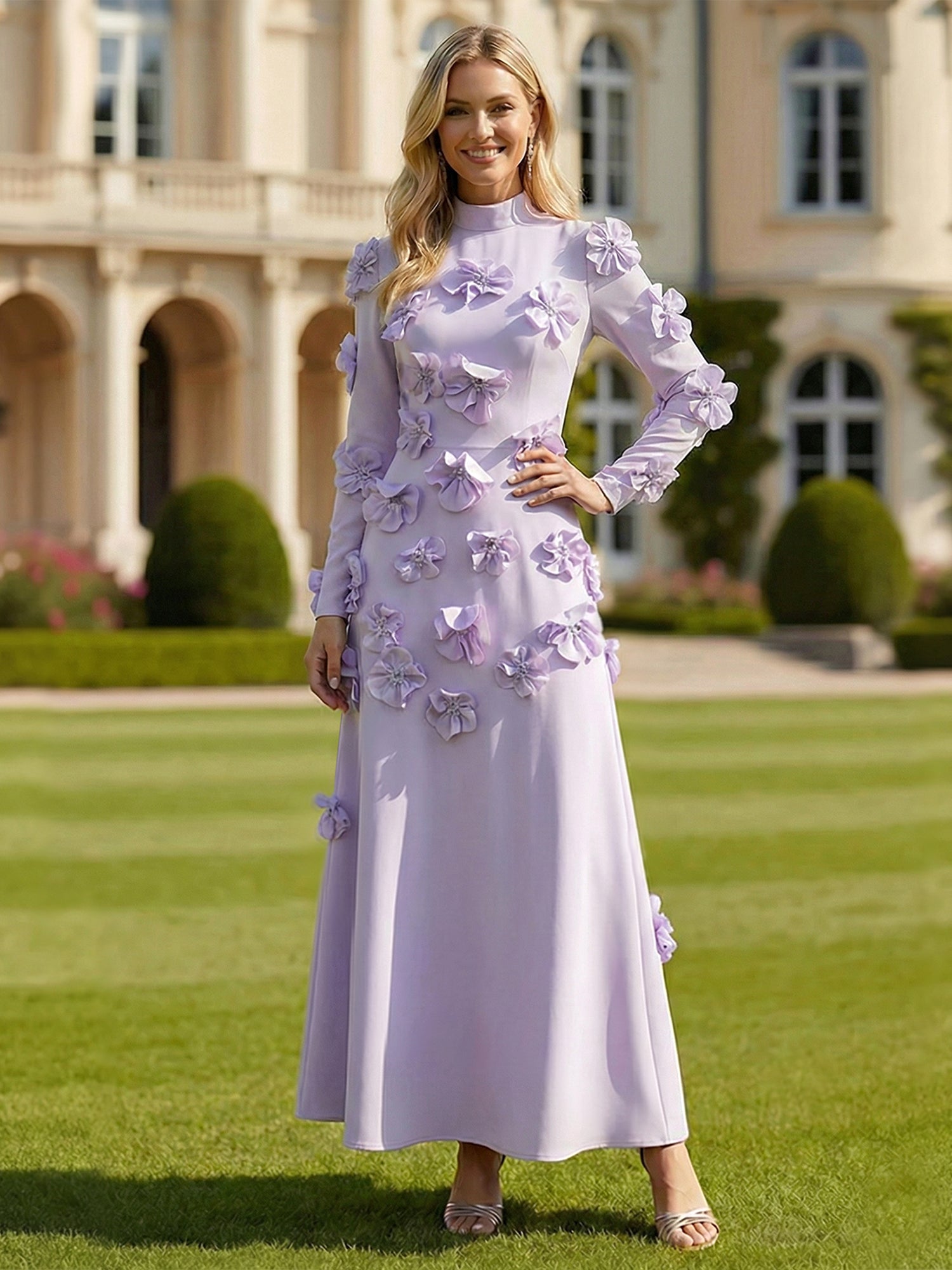 A Line High Neck Long Sleeves Stretch Crepe Dress With 3D Flowers