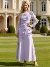 A Line High Neck Long Sleeves Stretch Crepe Dress With 3D Flowers