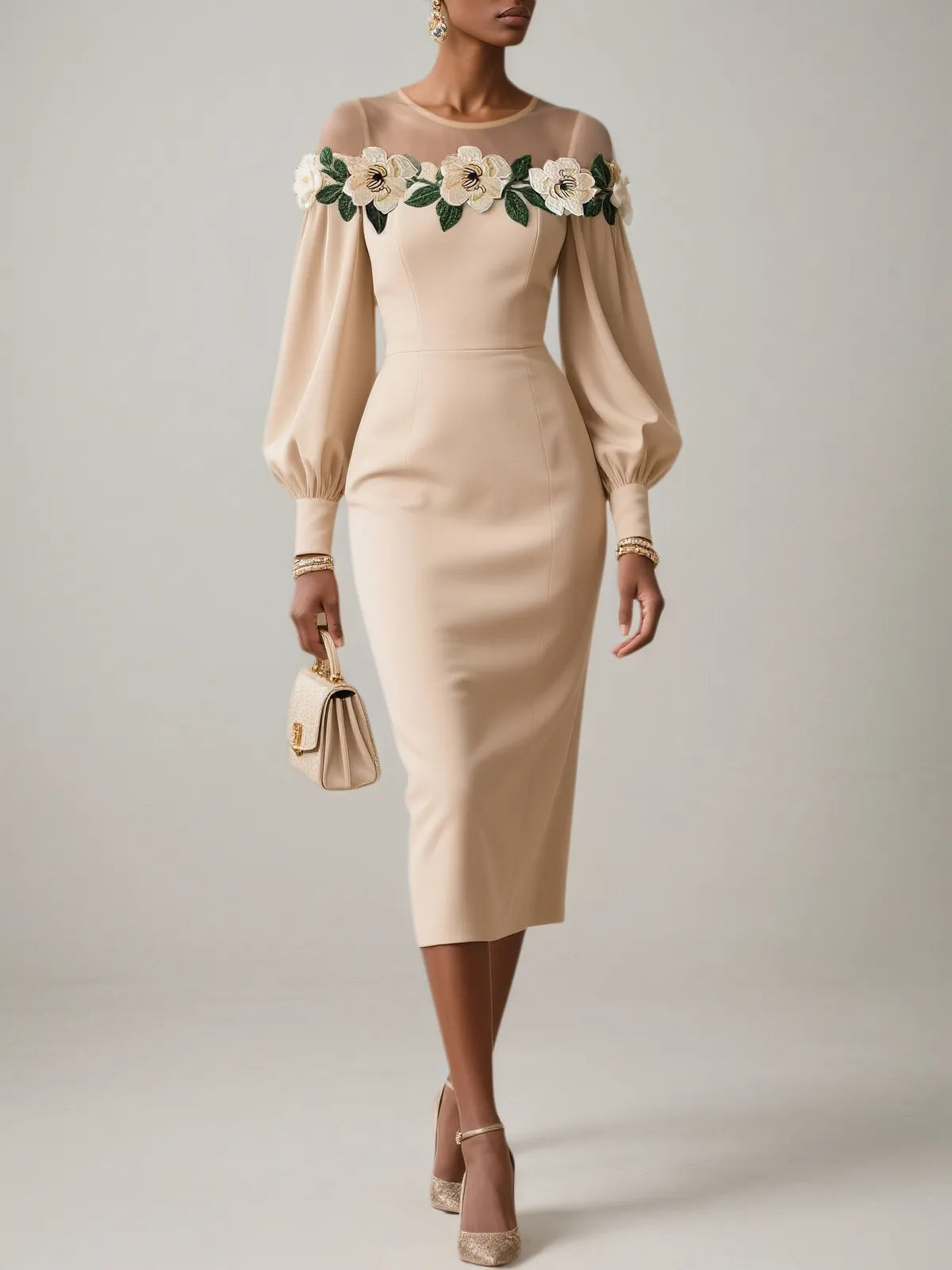 Apricot Applique Floral Classic Crew Neck Long Sleeve Balloon Sleeve Sheath Midi Dress