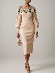 Apricot Applique Floral Classic Crew Neck Long Sleeve Balloon Sleeve Sheath Midi Dress
