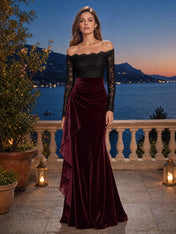 Elegant Off-the-Shoulder Lace and Velvet Long Sleeves Evening Dress Formal Gown