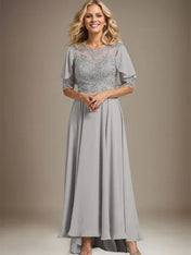 A-line Scoop Illusion Asymmetrical Chiffon Lace Mother of the Bride Dress With Beading