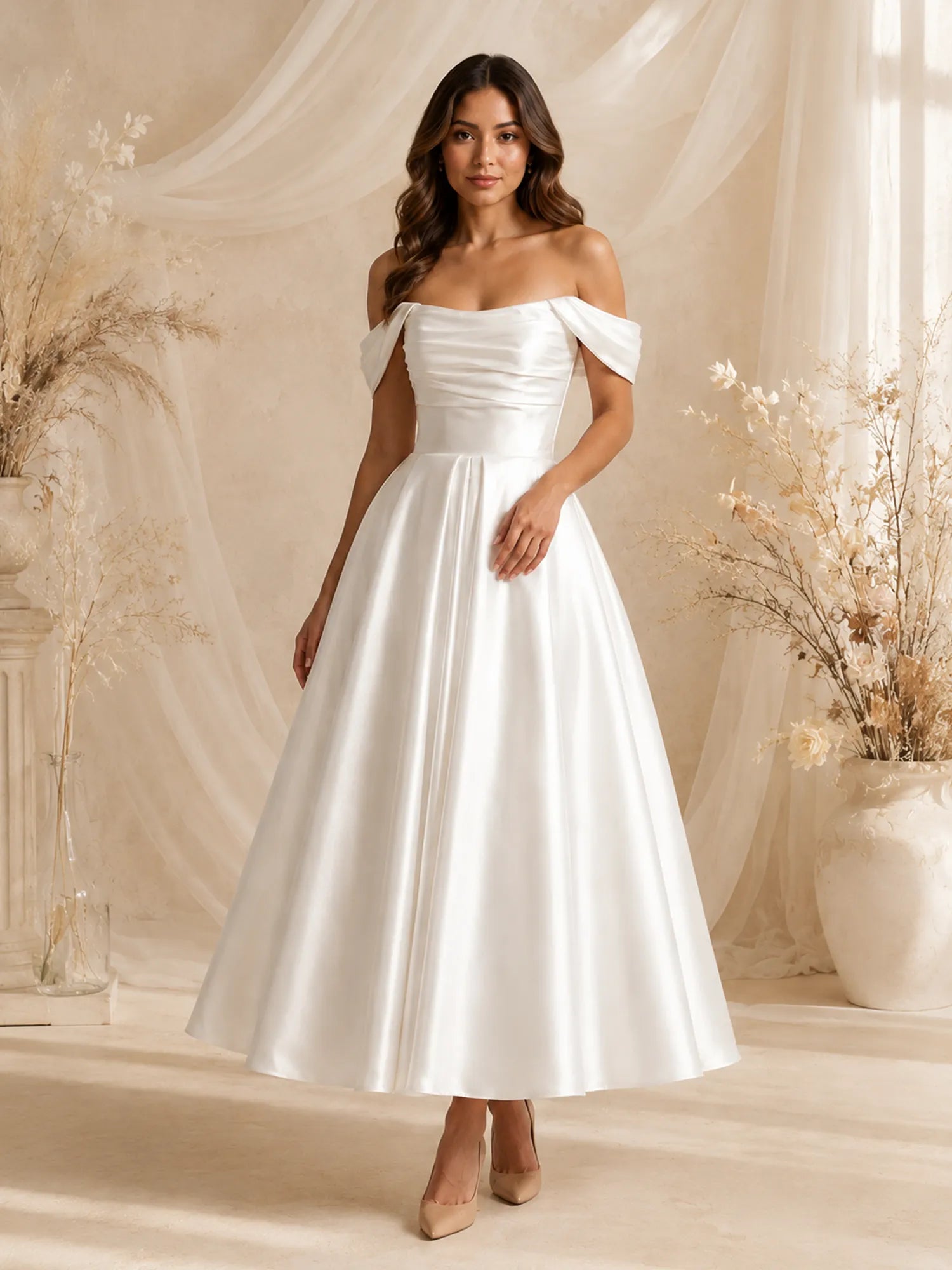 Off-The-Shoulder Pleated Satin Tea-Length Wedding Dress with Corset Back