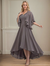 A-line V-Neck Asymmetrical Chiffon Mother of the Bride Dress With Beading Sequins