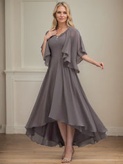 A-line V-Neck Asymmetrical Chiffon Mother of the Bride Dress With Beading Sequins
