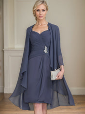 Sheath/Column Sweetheart Knee-Length Chiffon Mother of the Bride Dress With Beading Appliques Lace Sequins Pleated