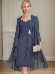 Sheath/Column Sweetheart Knee-Length Chiffon Mother of the Bride Dress With Beading Appliques Lace Sequins Pleated